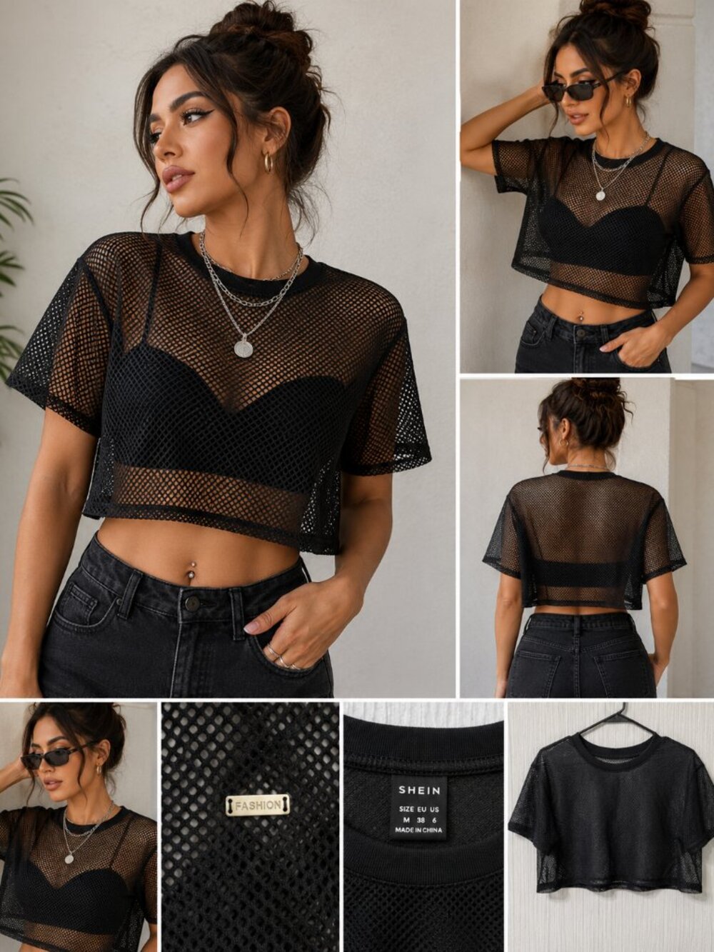 SHEIN Black Mesh Sheer Crop Top See Through Short Sleeve Festival Clubwear Size